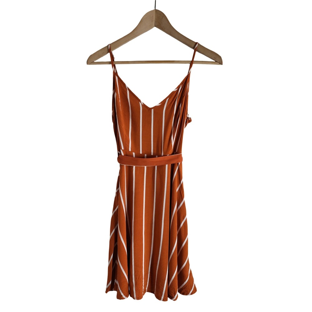 Forever 21 Burnt Orange White Striped Mini Dress Tie Waist S Warm Earthy Boho